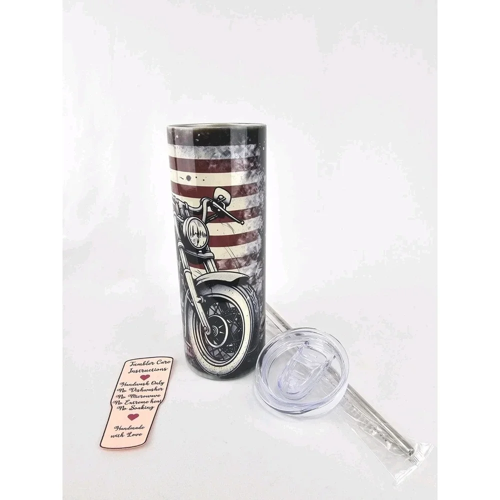 American Flag Motorcycle Riding 20Oz Tumbler Travel Insulated Patriotic Support